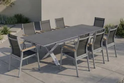 Sale Granada Garten-Essgruppe, silber / anthrazit, Alu / Spraystone / Teak, Tisch 180/280x100cm, 8 Stapelsessel Garten-Essgruppen