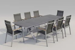 Sale Granada Garten-Essgruppe, silber / anthrazit, Alu / Spraystone / Teak, Tisch 180/280x100cm, 8 Stapelsessel Garten-Essgruppen