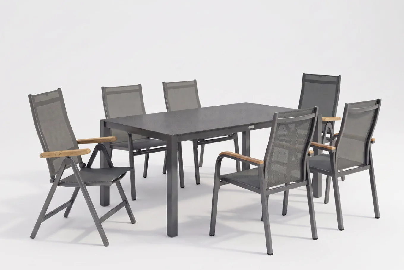 Best Granada Gartengarnitur, Anthrazit, Alu/Spraystone, Esstisch 160x95 cm, 4 Stapelsessel, 2 Klappstühle Garten-Essgruppen|Aluminium-Gartenmöbel