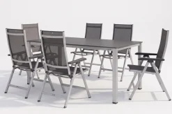 Clearance KETTALUX-PLUS/Basic Plus Sitzgruppe, silber/anthrazit, Alu/Textilene, Tisch 160x95 cm, 6 Klappstühle Garten-Essgruppen|Aluminium-Gartenmöbel