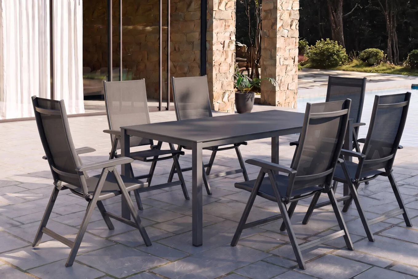 Sale KETTALUX-PLUS/Basic Plus Sitzgruppe, anthrazit, Alu/Textilene, Tisch 160x95 cm, 6 Klappstühle Garten-Essgruppen|Aluminium-Gartenmöbel