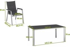 Outlet KETTALUX-PLUS/Basic Plus Padded Sitzgruppe, silber/anthrazit/grau, Alu/Textilene, 160x95 cm,6 Stapelsessel, gepolsterte Sitz - und Rückenfläche Garten-Essgruppen|Aluminium-Gartenmöbel