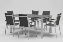 Outlet KETTALUX-PLUS/Basic Plus Padded Sitzgruppe, silber/anthrazit/grau, Alu/Textilene, 160x95 cm,6 Stapelsessel, gepolsterte Sitz - und Rückenfläche Garten-Essgruppen|Aluminium-Gartenmöbel