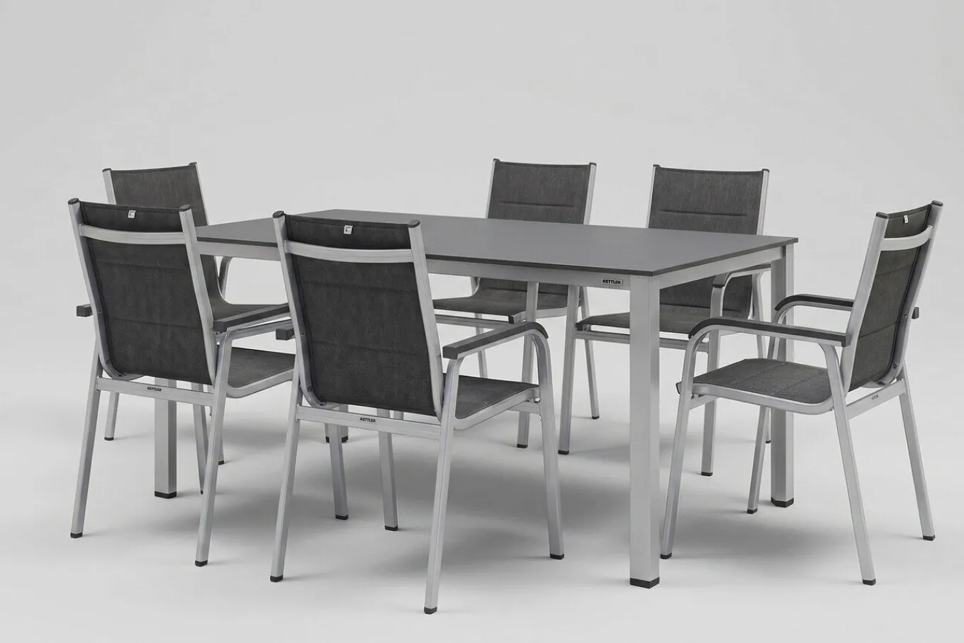 Outlet KETTALUX-PLUS/Basic Plus Padded Sitzgruppe, silber/anthrazit/grau, Alu/Textilene, 160x95 cm,6 Stapelsessel, gepolsterte Sitz - und Rückenfläche Garten-Essgruppen|Aluminium-Gartenmöbel
