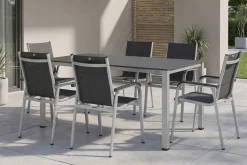 Outlet KETTALUX-PLUS/Basic Plus Padded Sitzgruppe, silber/anthrazit/grau, Alu/Textilene, 160x95 cm,6 Stapelsessel, gepolsterte Sitz - und Rückenfläche Garten-Essgruppen|Aluminium-Gartenmöbel