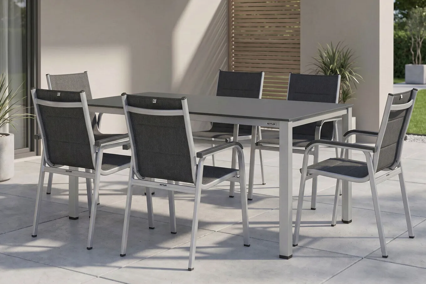 Outlet KETTALUX-PLUS/Basic Plus Padded Sitzgruppe, silber/anthrazit/grau, Alu/Textilene, 160x95 cm,6 Stapelsessel, gepolsterte Sitz - und Rückenfläche Garten-Essgruppen|Aluminium-Gartenmöbel