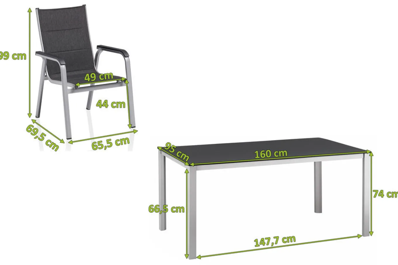 New KETTALUX-PLUS/Basic Plus Padded Sitzgruppe, silber/anthrazit/grau, Alu/Textilene, 160x95 cm,4 Stapelsessel, gepolsterte Sitz - und Rückenfläche Garten-Essgruppen|Aluminium-Gartenmöbel