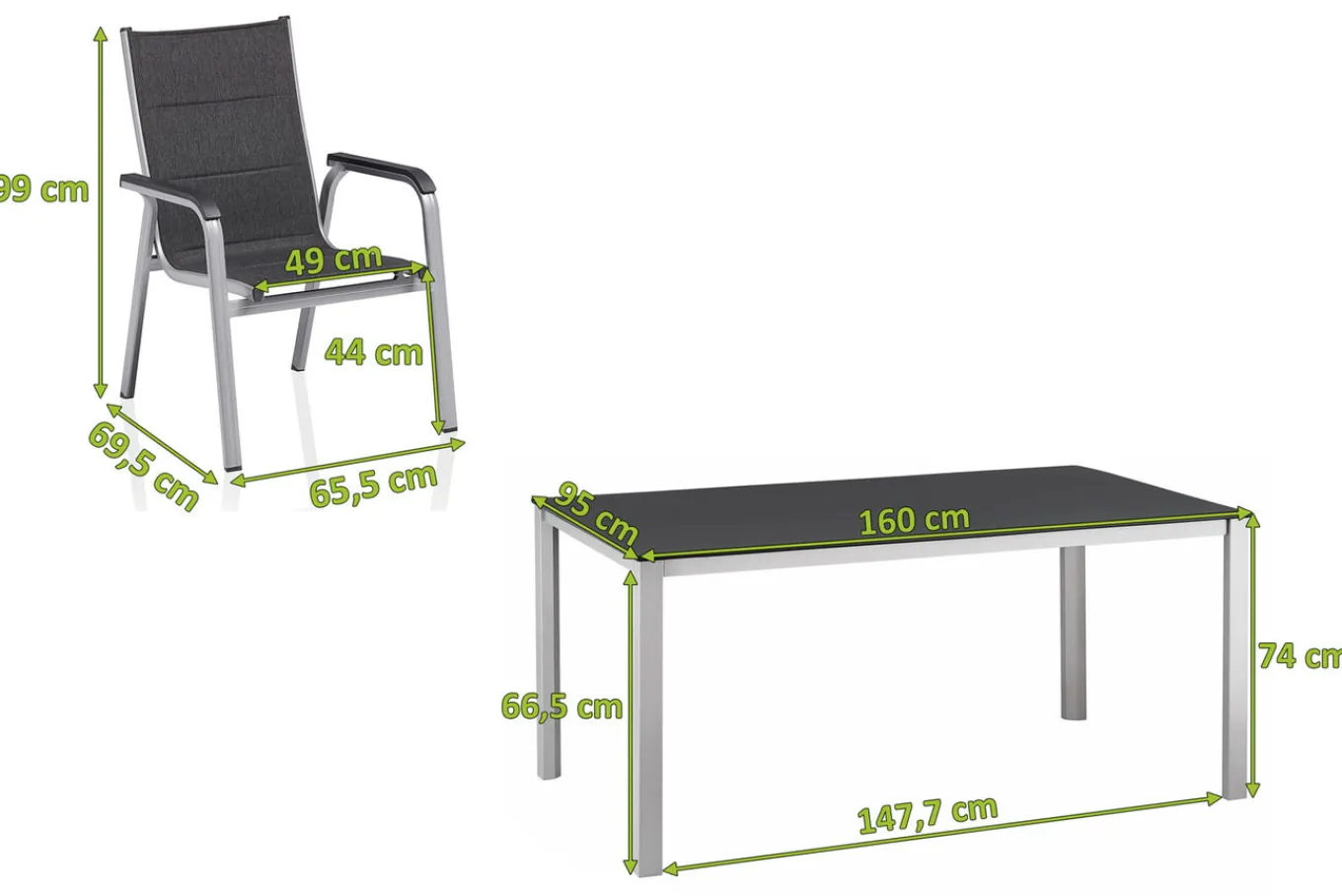 New KETTALUX-PLUS/Basic Plus Padded Sitzgruppe, silber/anthrazit/grau, Alu/Textilene, 160x95 cm,4 Stapelsessel, gepolsterte Sitz - und Rückenfläche Garten-Essgruppen|Aluminium-Gartenmöbel