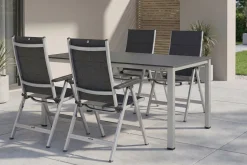 Outlet KETTALUX-PLUS/Basic Plus Padded Sitzgruppe, silber/anthrazit, Alu/Textilene, Tisch 160x95 cm,4 Klappstühle Garten-Essgruppen|Aluminium-Gartenmöbel