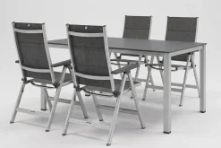 Outlet KETTALUX-PLUS/Basic Plus Padded Sitzgruppe, silber/anthrazit, Alu/Textilene, Tisch 160x95 cm,4 Klappstühle Garten-Essgruppen|Aluminium-Gartenmöbel