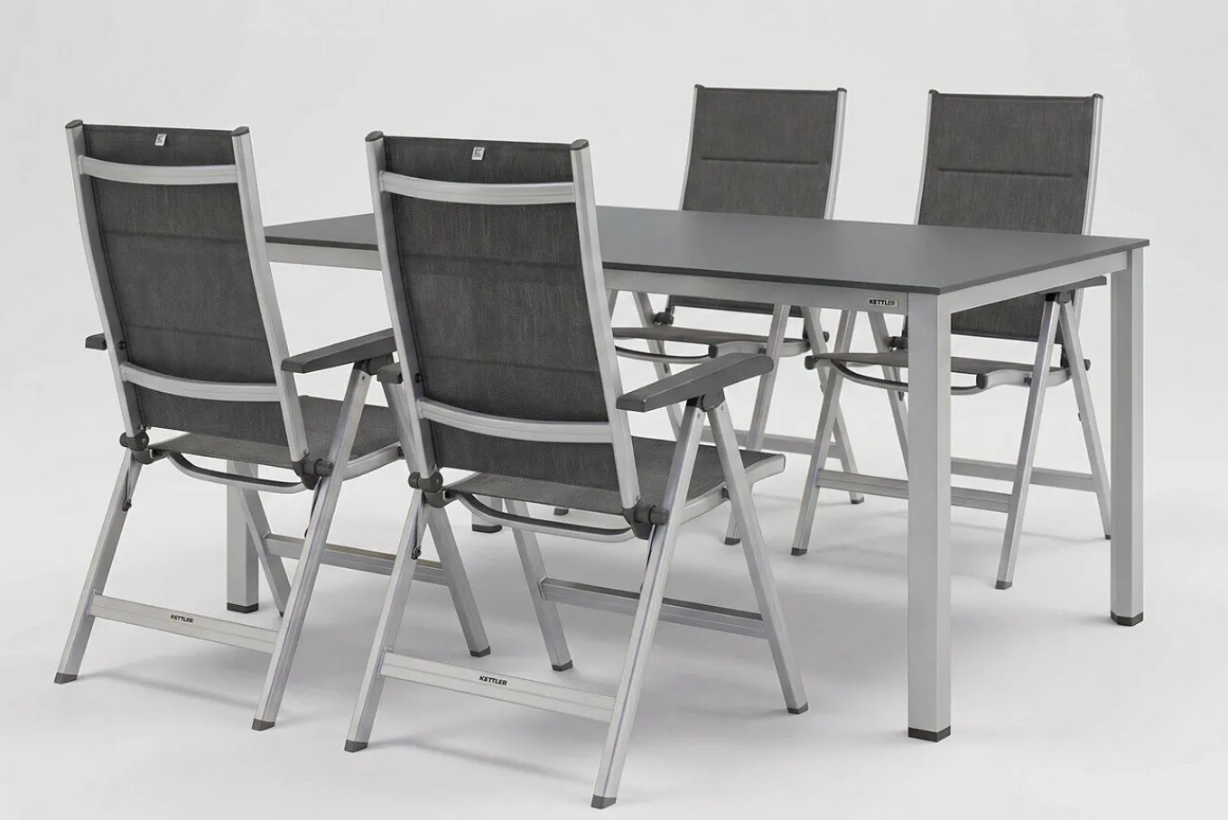 Outlet KETTALUX-PLUS/Basic Plus Padded Sitzgruppe, silber/anthrazit, Alu/Textilene, Tisch 160x95 cm,4 Klappstühle Garten-Essgruppen|Aluminium-Gartenmöbel