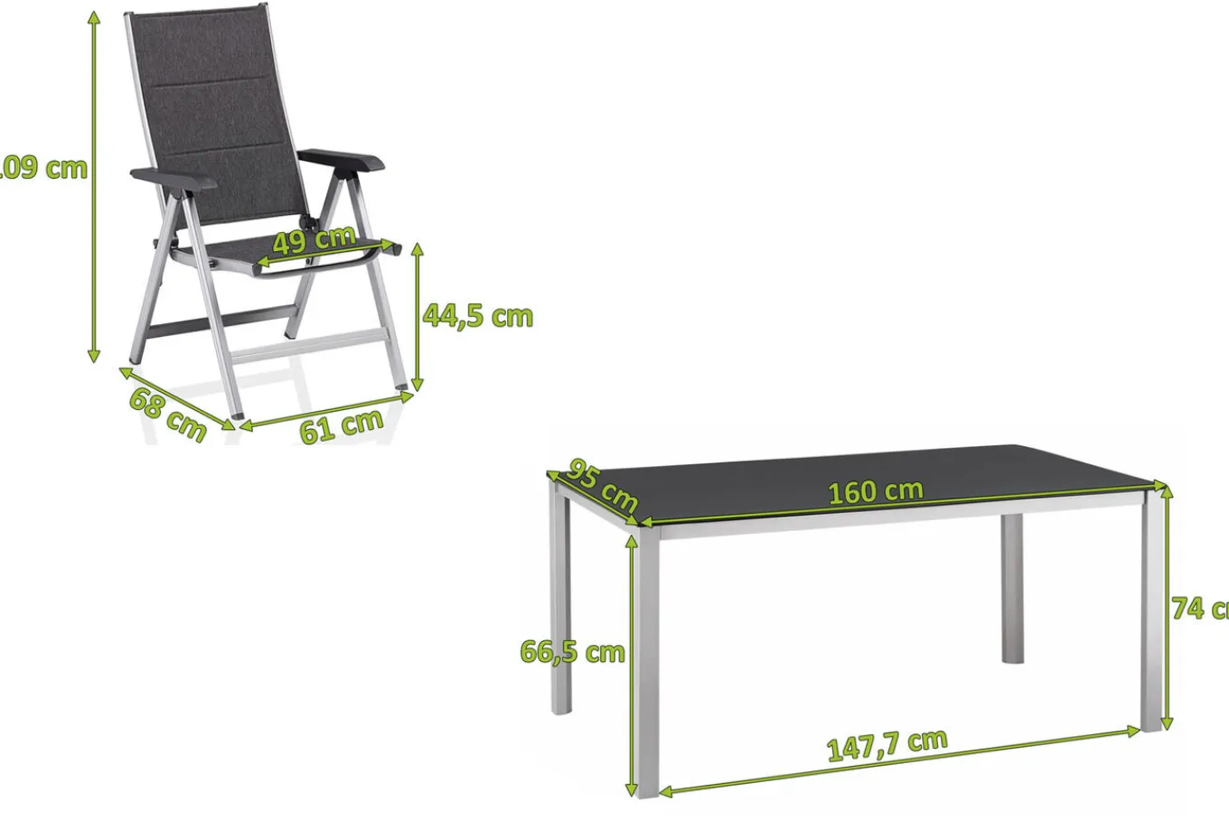 Outlet KETTALUX-PLUS/Basic Plus Padded Sitzgruppe, silber/anthrazit, Alu/Textilene, Tisch 160x95 cm,4 Klappstühle Garten-Essgruppen|Aluminium-Gartenmöbel