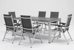 Outlet KETTALUX-PLUS/Basic Plus Padded Sitzgruppe, silber/anthrazit, Alu/Textilene, Tisch 160x95 cm, 6 Klappstühle Garten-Essgruppen|Aluminium-Gartenmöbel