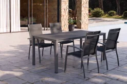 Discount KETTALUX-PLUS/Legato Curve Sitzgruppe, anthrazit, Alu/Textilene, Tisch 160x95 cm, 4 Stapelsessel, stapelbar Garten-Essgruppen|Aluminium-Gartenmöbel