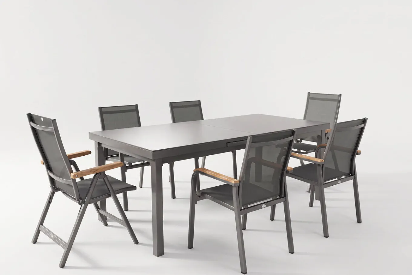 Sale Premium/Granada Garten-Essgruppe, Anthrazit/Grau, Alu/Glas, Ausziehtisch 180/240x100cm, 4 Stapelsessel, 2 Klappstühle Aluminium-Gartenmöbel