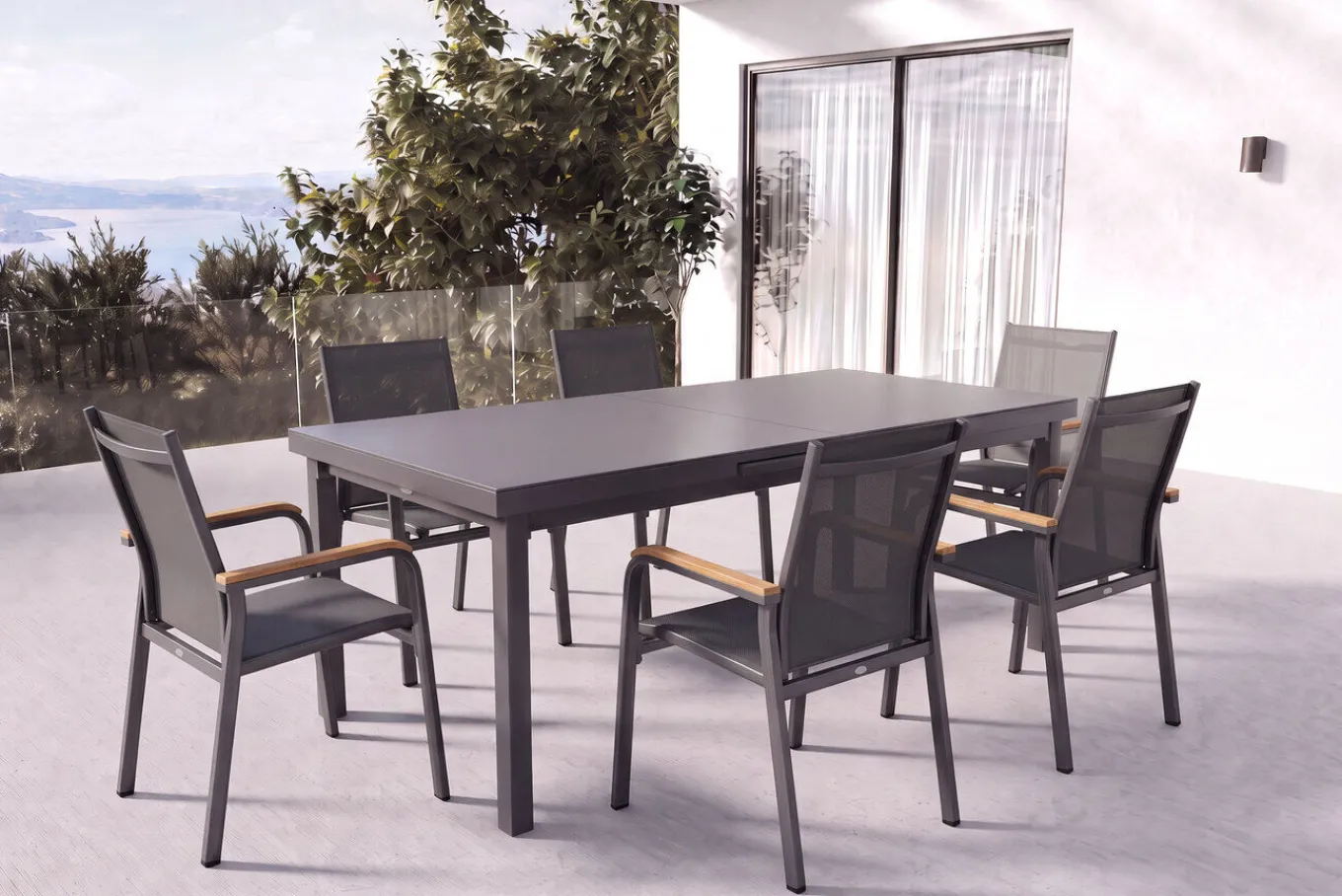 Sale Premium/Granada Garten-Essgruppe, anthrazit/grau, Alu/Glas, Ausziehtisch 180/240x100cm, 6 Stapelsessel Garten-Essgruppen|Aluminium-Gartenmöbel
