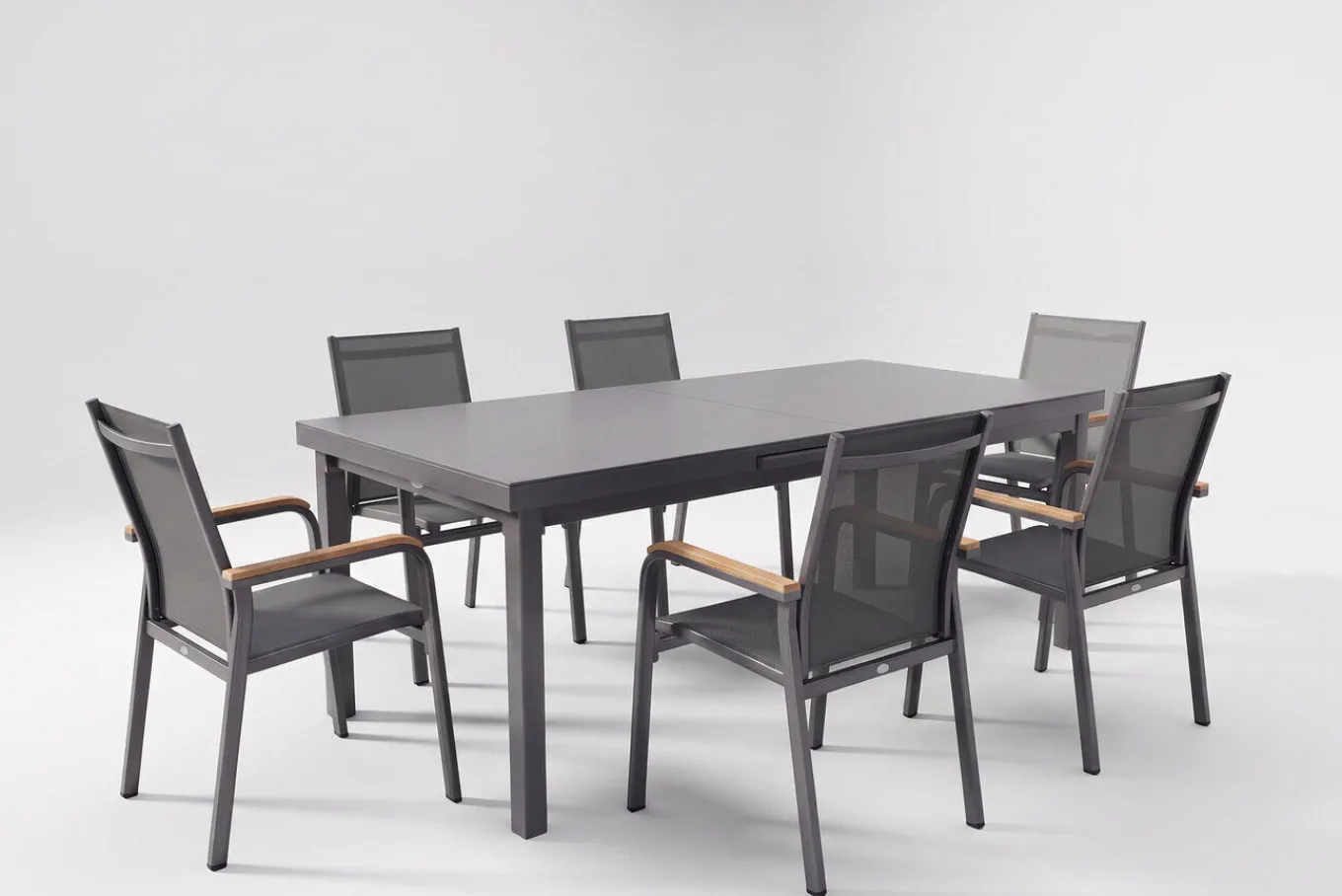 Sale Premium/Granada Garten-Essgruppe, anthrazit/grau, Alu/Glas, Ausziehtisch 180/240x100cm, 6 Stapelsessel Garten-Essgruppen|Aluminium-Gartenmöbel