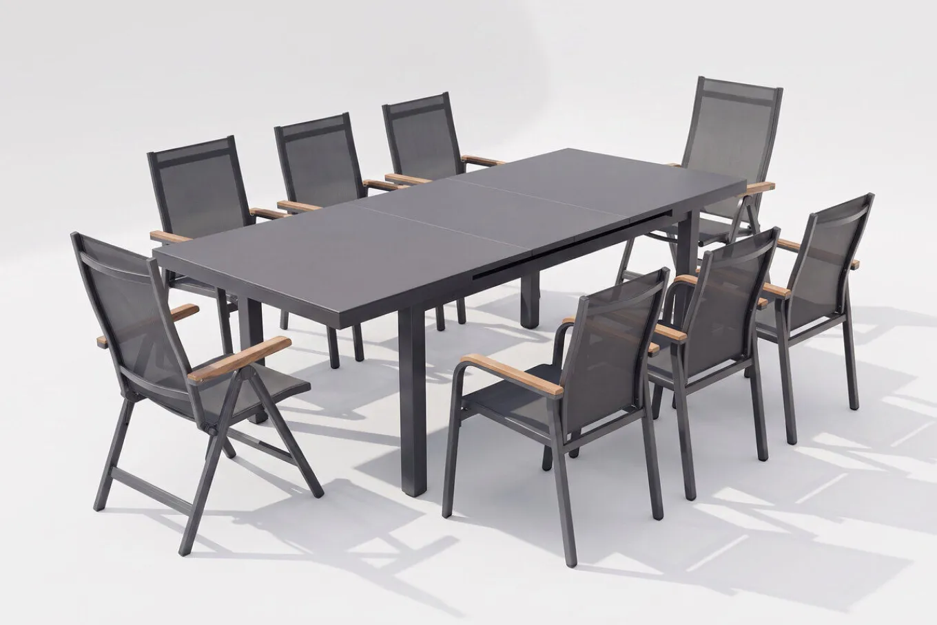 Clearance Premium/Granada Garten-Essgruppe, Anthrazit/Grau, Alu/Glas, Ausziehtisch 180/240x100cm, 8 Sessel Garten-Essgruppen|Aluminium-Gartenmöbel