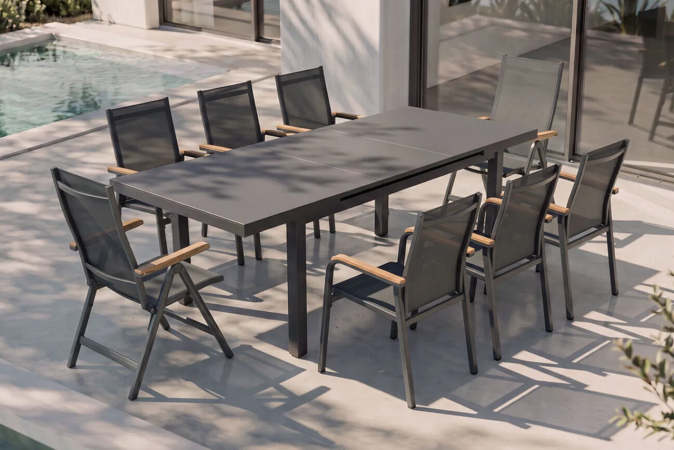 Clearance Premium/Granada Garten-Essgruppe, Anthrazit/Grau, Alu/Glas, Ausziehtisch 180/240x100cm, 8 Sessel Garten-Essgruppen|Aluminium-Gartenmöbel