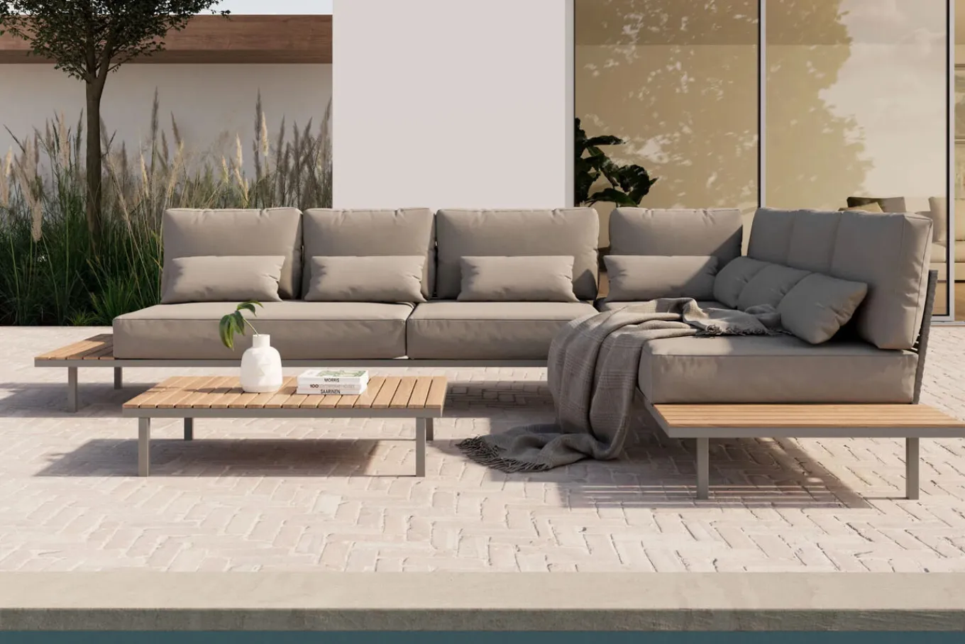 Hot Baki Gartenlounge, natur/grau, Edelstahl/Teak, wetterbeständig, rostfrei, verstellbare Rückenlehne, abnehmbare Bezüge Gartenlounge|Edelstahl-Gartenmöbel