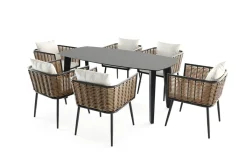 Hot Grant Dining 6 Garten-Essgruppe, anthrazit/beige, Alu/Polyrattan, abnehmbare Bezüge, Tischplatte aus Sicherheitsglas Polyrattan-Gartenmöbel|Garten-Essgruppen