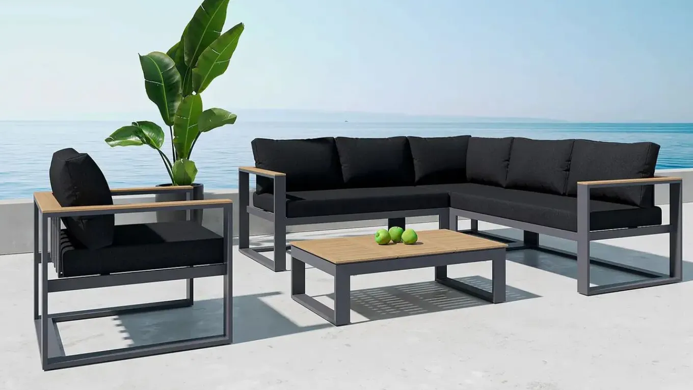 Lecoin Gartenlounge, anthrazit, Alu/Teak, pflegeleicht, wetterbeständig, pulverbeschichtet, inkl. Kissen, abnehmbare Bezüge Gartenlounge|Aluminium-Gartenmöbel