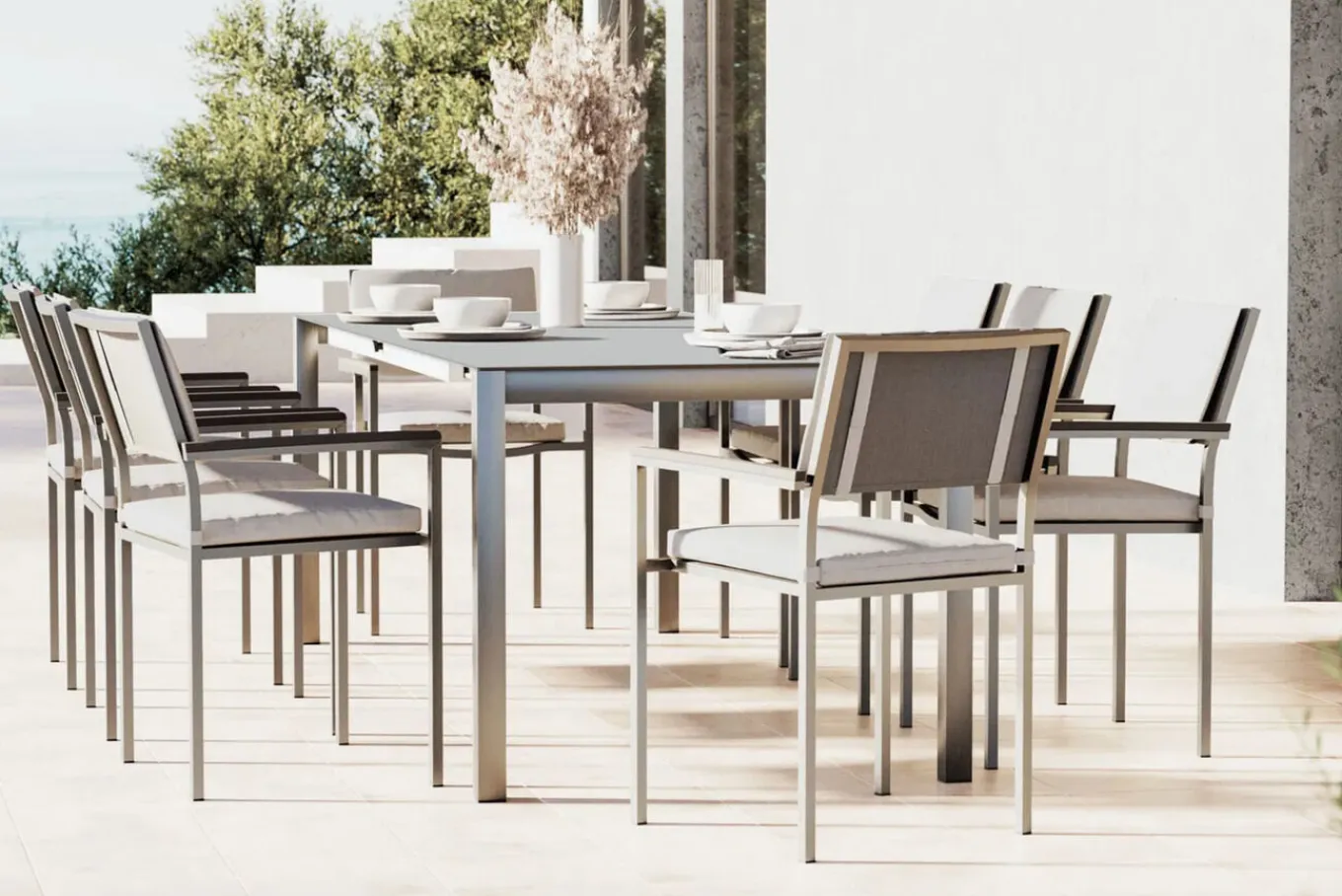 Suite Dining 8 Garten-Essgruppe, grau, Edelstahl/Textilene, ausziehbar & stapelbar, witterungsbeständig, inkl. Kissen & Polster Garten-Essgruppen|Edelstahl-Gartenmöbel