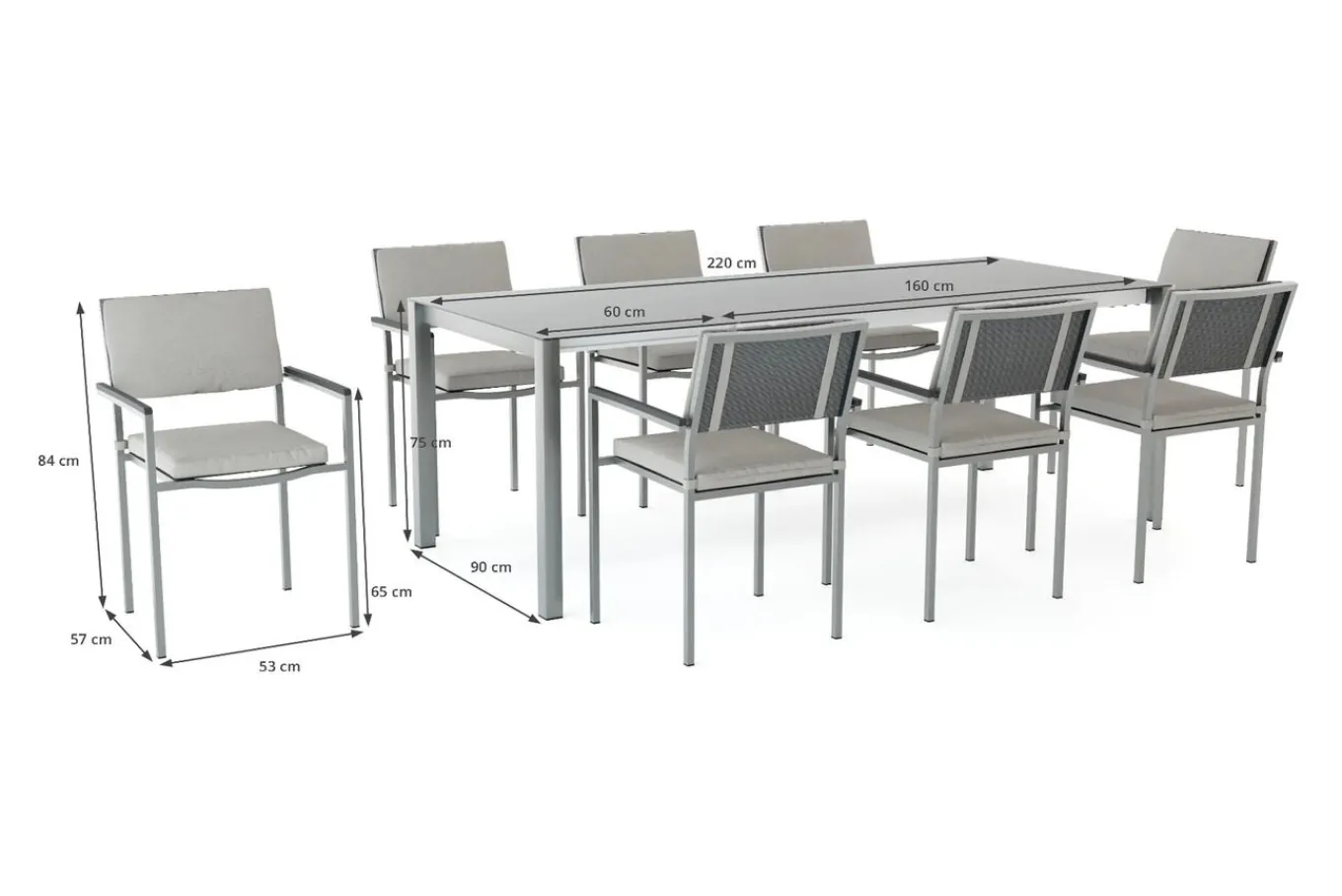 Suite Dining 8 Garten-Essgruppe, grau, Edelstahl/Textilene, ausziehbar & stapelbar, witterungsbeständig, inkl. Kissen & Polster Garten-Essgruppen|Edelstahl-Gartenmöbel