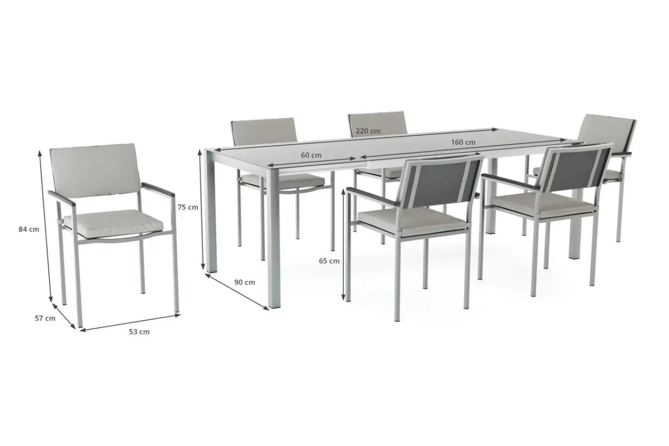 Suite Dining 6 Garten-Essgruppe, grau/anthrazit, Edelstahl/Textilene, ausziehbar & stapelbar, wetterbeständig, platzsparend Garten-Essgruppen|Edelstahl-Gartenmöbel