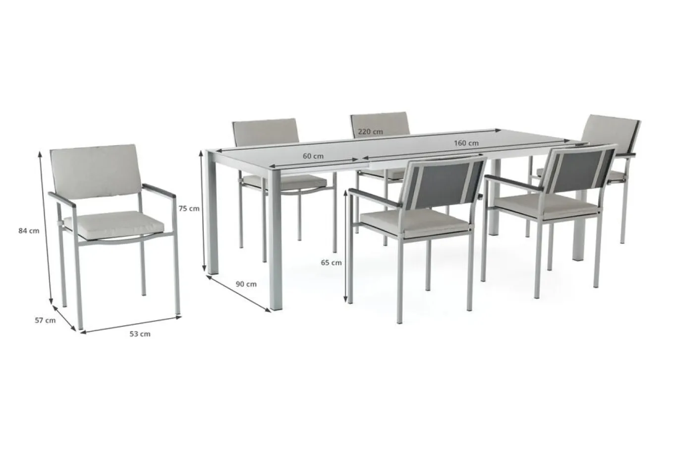 Suite Dining 6 Garten-Essgruppe, grau/anthrazit, Edelstahl/Textilene, ausziehbar & stapelbar, wetterbeständig, platzsparend Garten-Essgruppen|Edelstahl-Gartenmöbel