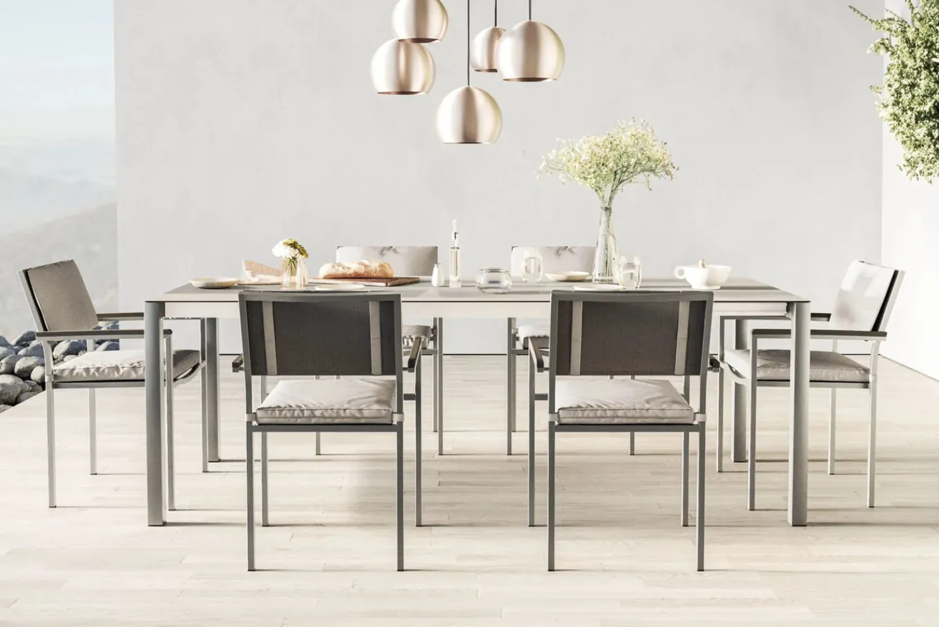 Suite Dining 6 Garten-Essgruppe, grau/anthrazit, Edelstahl/Textilene, ausziehbar & stapelbar, wetterbeständig, platzsparend Garten-Essgruppen|Edelstahl-Gartenmöbel