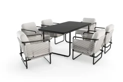 Outlet Tempest Garten-Essgruppe mit 6 Sesseln, hellgrau/anthrazit, Alu/Rope-Geflecht, Esstisch 190 x 95 cm mit Glasplatte, pulverbeschichtet, wetterbeständig, modernes Design Garten-Essgruppen