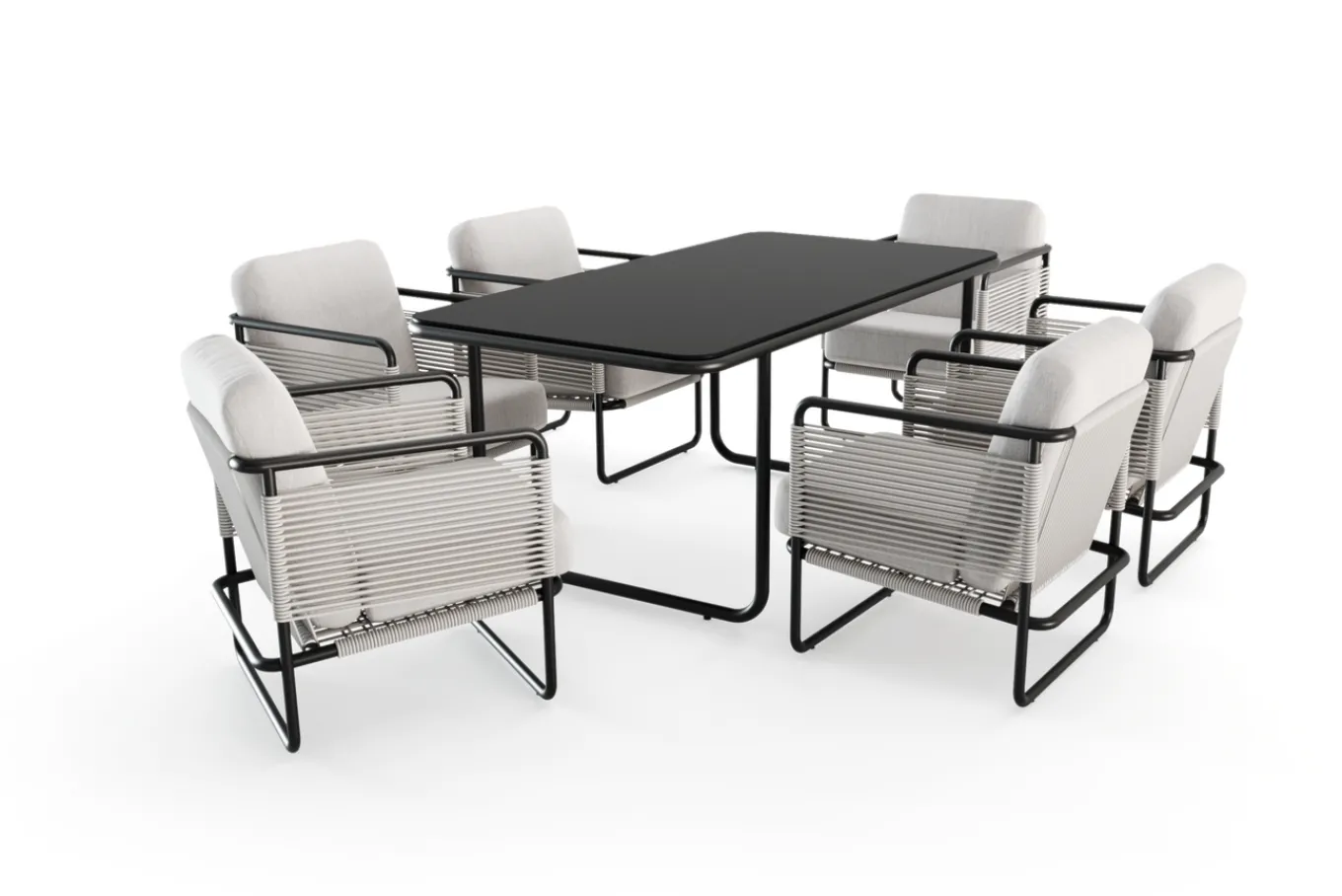 Outlet Tempest Garten-Essgruppe mit 6 Sesseln, hellgrau/anthrazit, Alu/Rope-Geflecht, Esstisch 190 x 95 cm mit Glasplatte, pulverbeschichtet, wetterbeständig, modernes Design Garten-Essgruppen