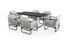 Outlet Tempest Garten-Essgruppe mit 6 Sesseln, hellgrau/anthrazit, Alu/Rope-Geflecht, Esstisch 190 x 95 cm mit Glasplatte, pulverbeschichtet, wetterbeständig, modernes Design Garten-Essgruppen