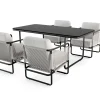 Hot Tempest Garten-Essgruppe mit 4 Sesseln, hellgrau/anthrazit, Alu/Rope-Geflecht, Esstisch 190 x 95 cm mit Glasplatte, pulverbeschichtet, wetterbeständig, modernes Design Garten-Essgruppen