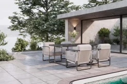 Hot Tempest Garten-Essgruppe mit 4 Sesseln, hellgrau/anthrazit, Alu/Rope-Geflecht, Esstisch 190 x 95 cm mit Glasplatte, pulverbeschichtet, wetterbeständig, modernes Design Garten-Essgruppen