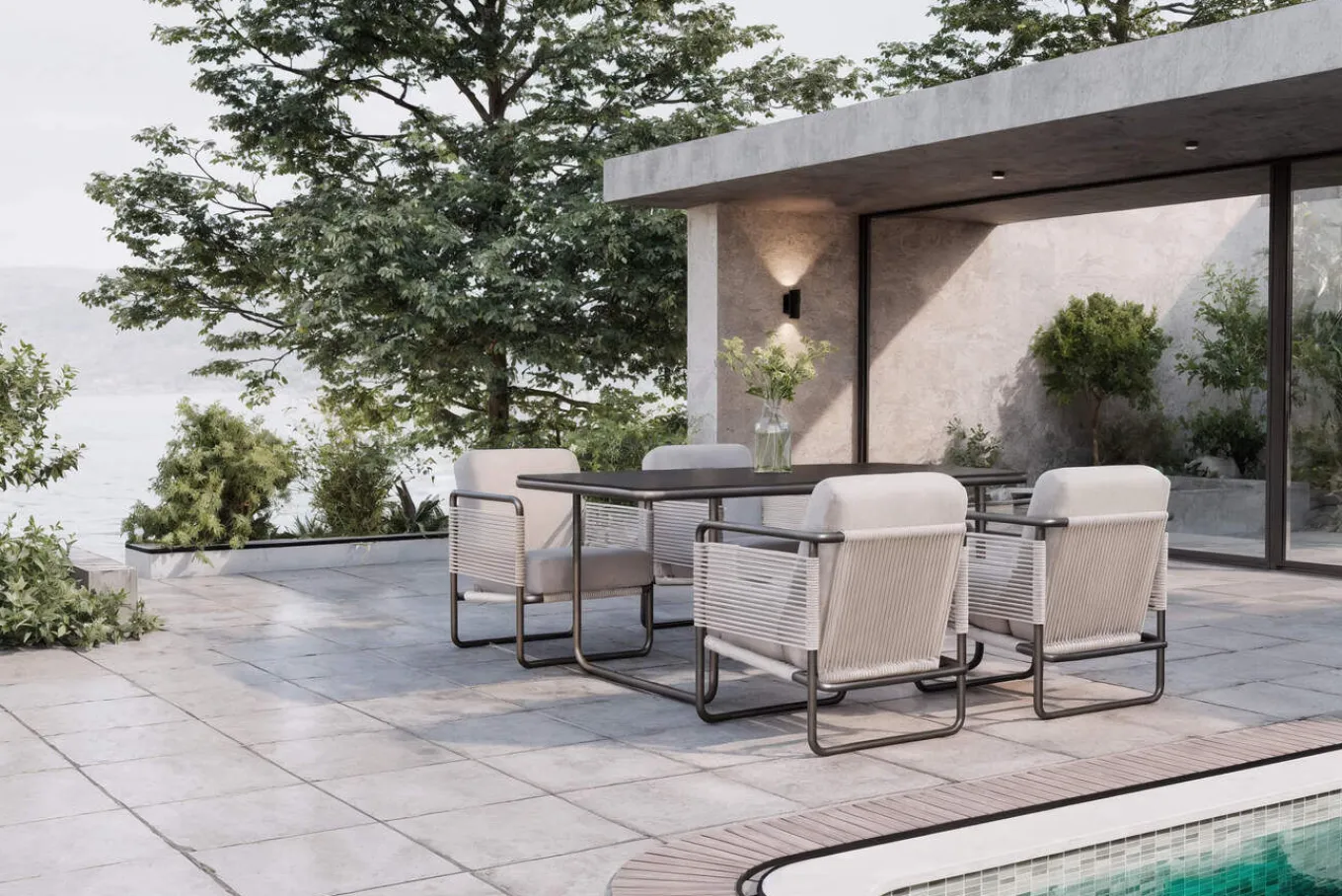 Hot Tempest Garten-Essgruppe mit 4 Sesseln, hellgrau/anthrazit, Alu/Rope-Geflecht, Esstisch 190 x 95 cm mit Glasplatte, pulverbeschichtet, wetterbeständig, modernes Design Garten-Essgruppen