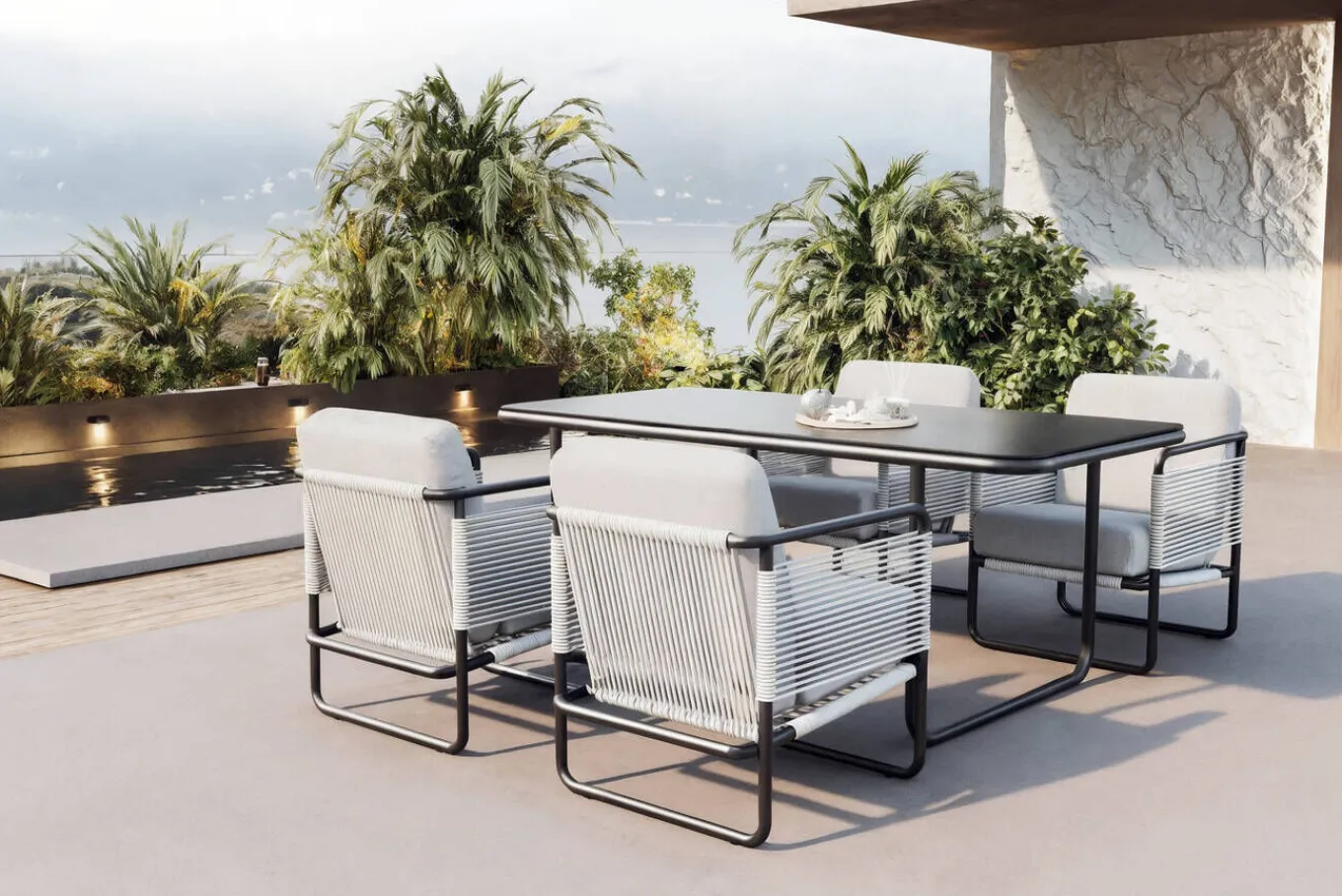 Hot Tempest Garten-Essgruppe mit 4 Sesseln, hellgrau/anthrazit, Alu/Rope-Geflecht, Esstisch 190 x 95 cm mit Glasplatte, pulverbeschichtet, wetterbeständig, modernes Design Garten-Essgruppen