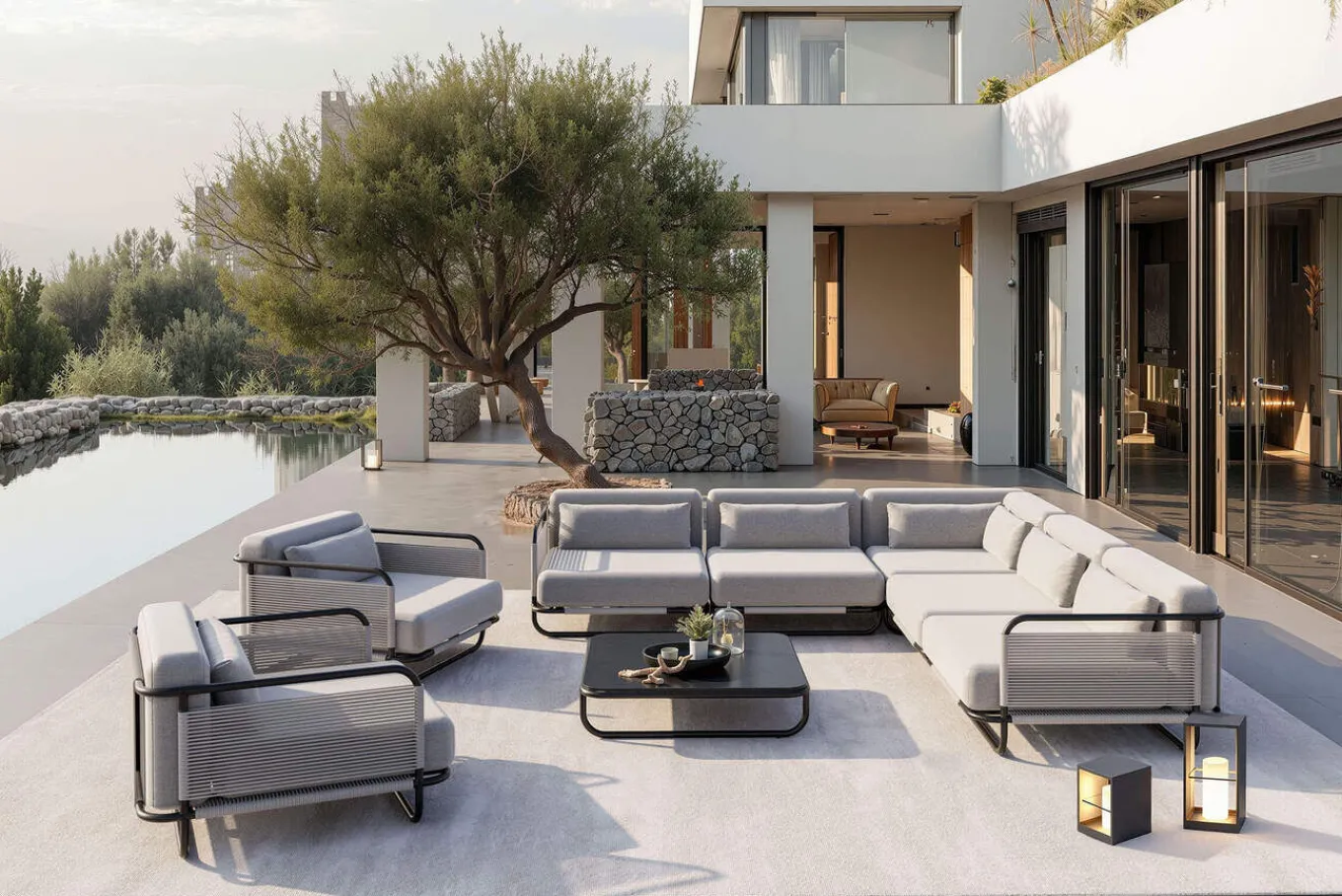 Clearance Tempest Gartenlounge XL, hellgrau/anthrazit, Alu/Rope-Geflecht, Beistelltisch mit Glasplatte, pulverbeschichtet, wetterfest, modernes Design Gartenlounge