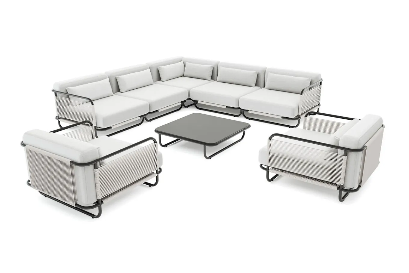 Clearance Tempest Gartenlounge XL, hellgrau/anthrazit, Alu/Rope-Geflecht, Beistelltisch mit Glasplatte, pulverbeschichtet, wetterfest, modernes Design Gartenlounge