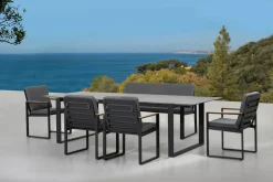 Sale Alexander Garten-Essgruppe, mattgrau, Alu/Teak, Ausziehtisch 206/266x100cm, 4 Stühle, 3er Bank, inkl. Polster Garten-Essgruppen
