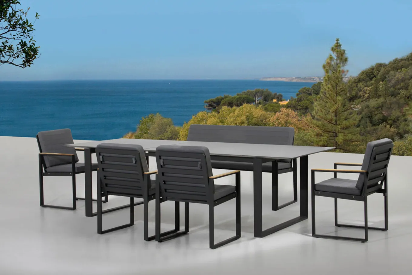 Sale Alexander Garten-Essgruppe, mattgrau, Alu/Teak, Ausziehtisch 206/266x100cm, 4 Stühle, 3er Bank, inkl. Polster Garten-Essgruppen