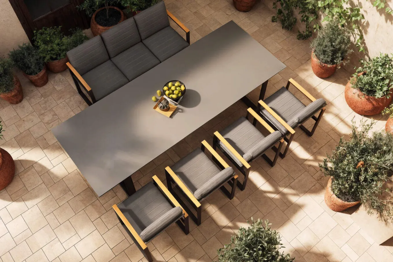 Sale Alexander Garten-Essgruppe, mattgrau, Alu/Teak, Ausziehtisch 206/266x100cm, 4 Stühle, 3er Bank, inkl. Polster Garten-Essgruppen