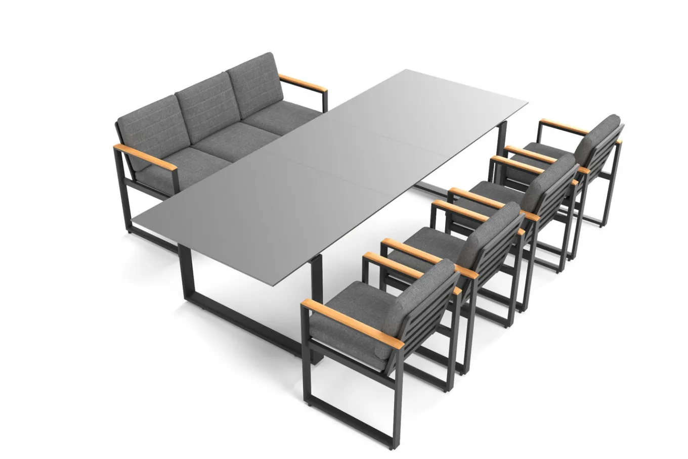 Sale Alexander Garten-Essgruppe, mattgrau, Alu/Teak, Ausziehtisch 206/266x100cm, 4 Stühle, 3er Bank, inkl. Polster Garten-Essgruppen