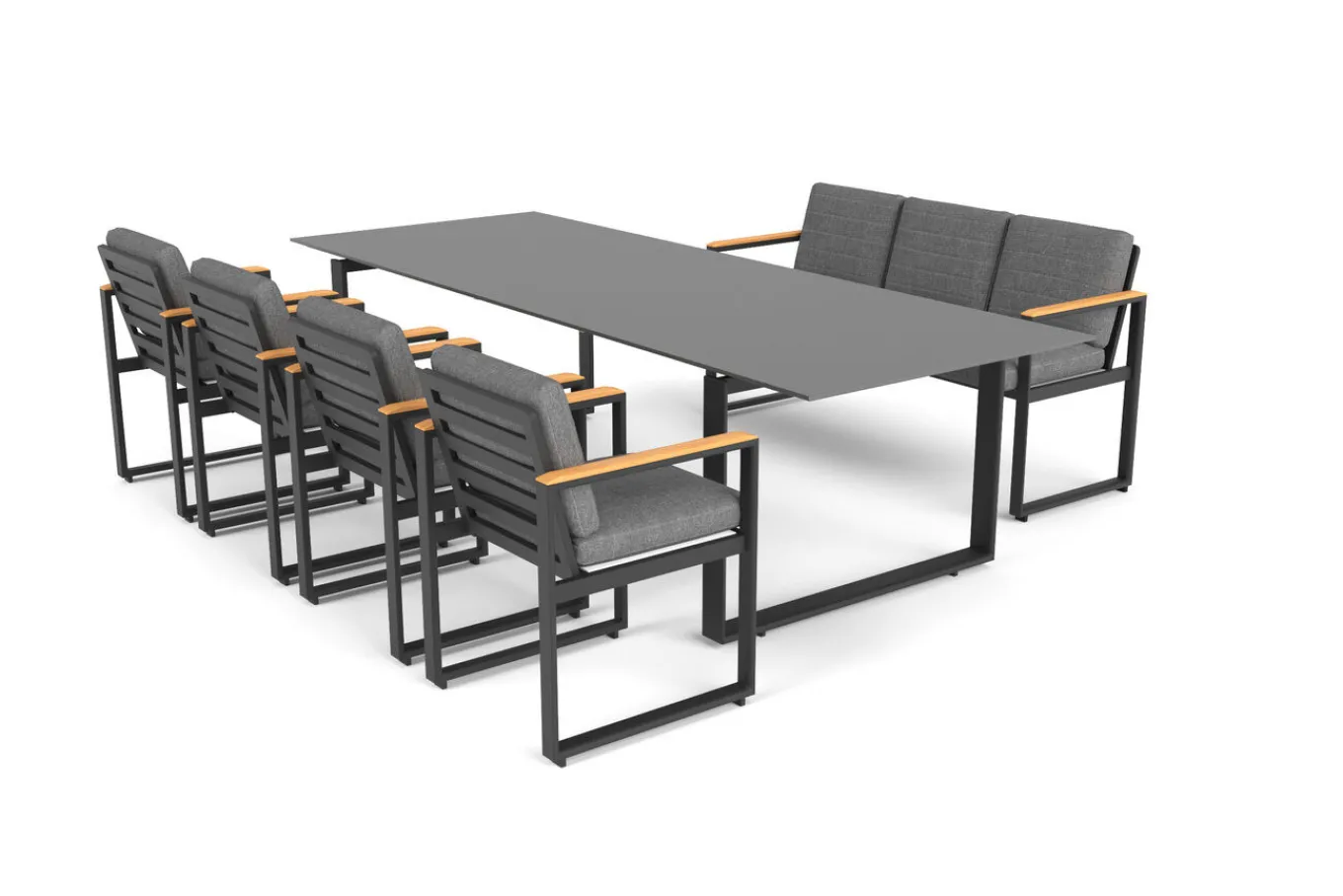 Sale Alexander Garten-Essgruppe, mattgrau, Alu/Teak, Ausziehtisch 206/266x100cm, 4 Stühle, 3er Bank, inkl. Polster Garten-Essgruppen