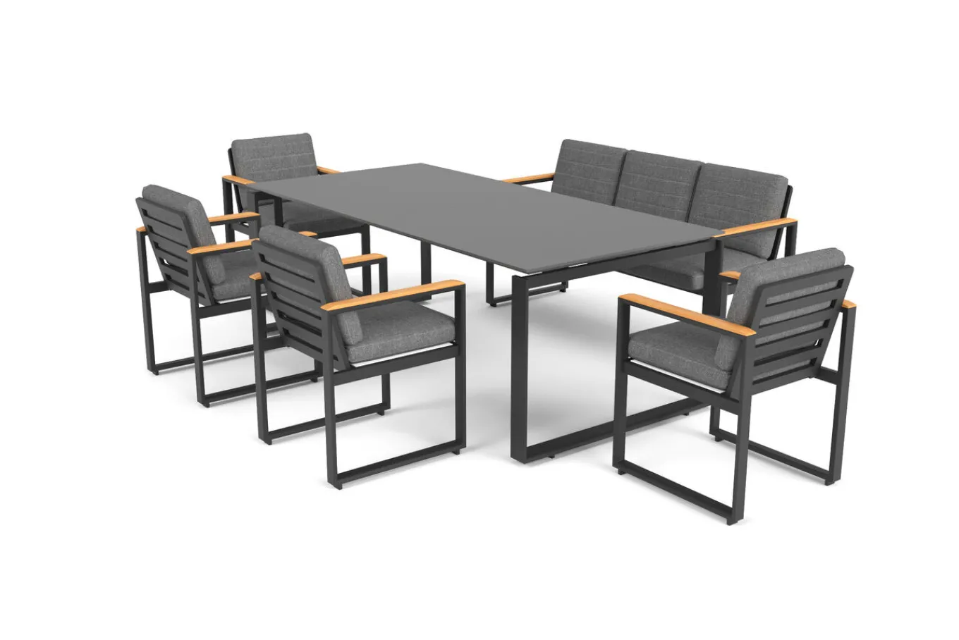Sale Alexander Garten-Essgruppe, mattgrau, Alu/Teak, Ausziehtisch 206/266x100cm, 4 Stühle, 3er Bank, inkl. Polster Garten-Essgruppen