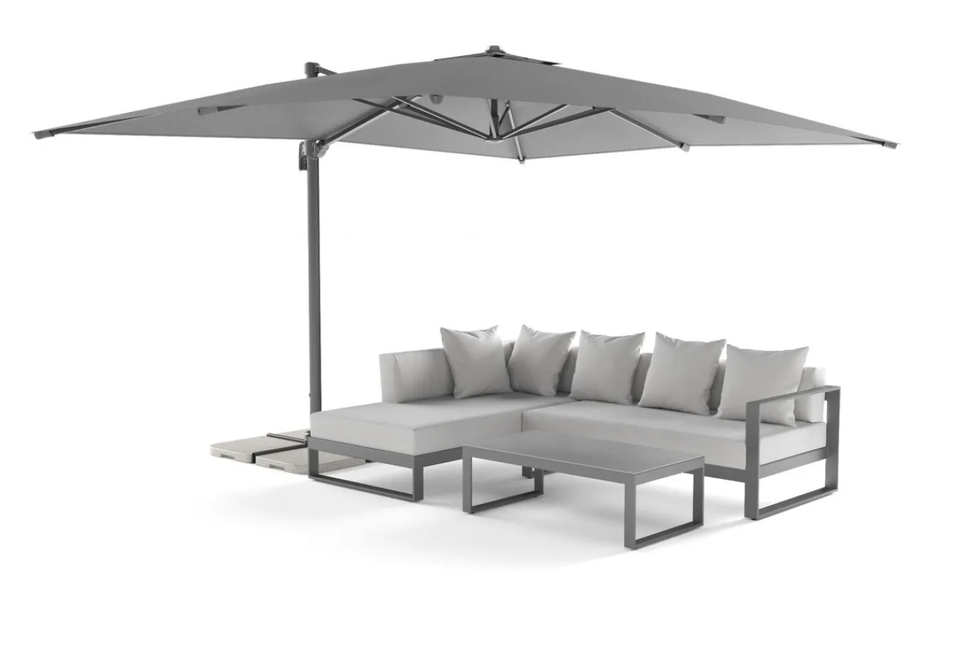 Sale Almeria Gartenmöbel-Set Lounge inkl. Ampelschirm, silbergrau/anthrazit, Alu/Polyester/Glas, Schirm 400 x 300 cm, pulverbeschichtet , mit Reißverschluss & Polster, wasserabweisend, UV-Schutz Garten-Essgruppen|Aluminium-Gartenmöbel