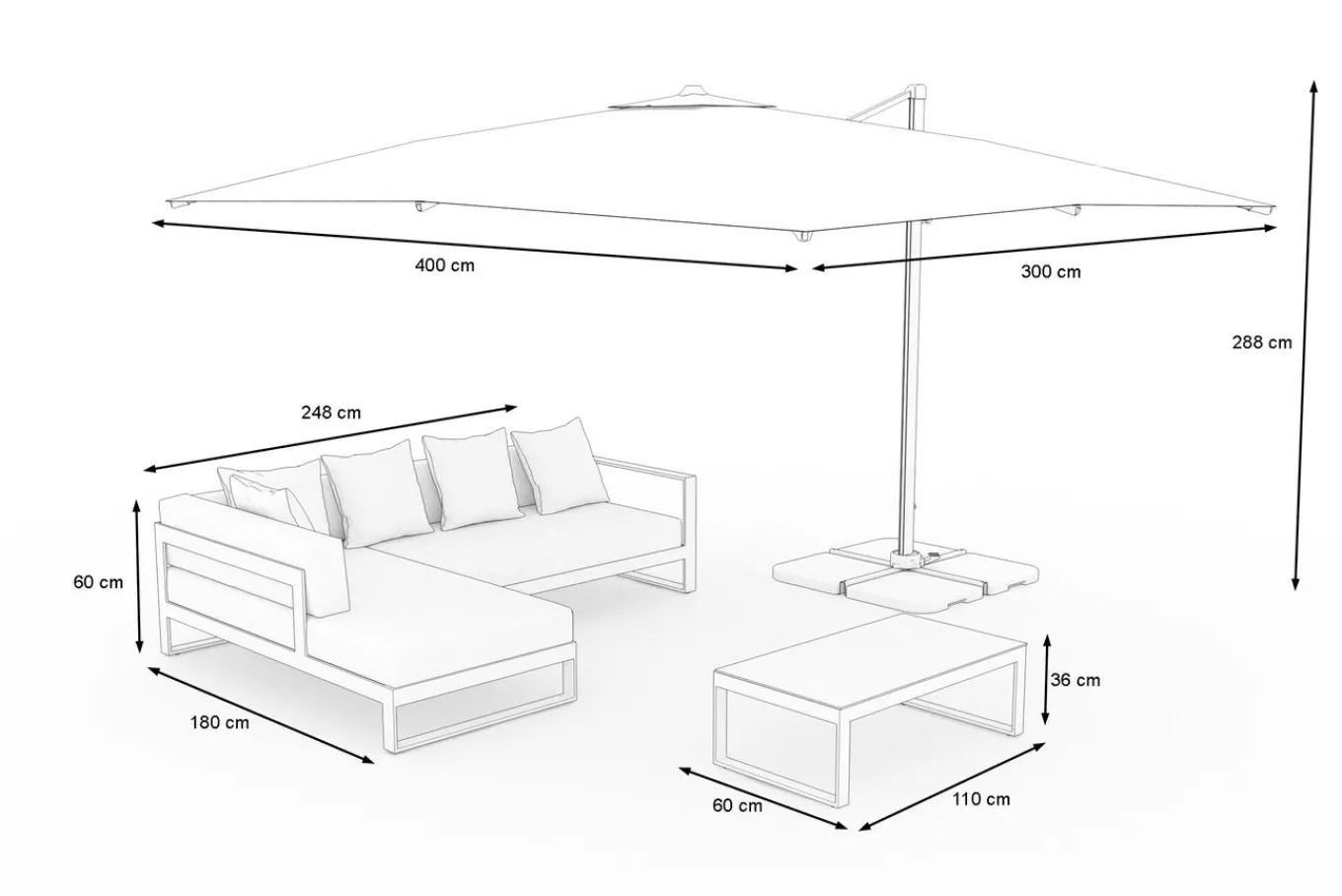Sale Almeria Gartenmöbel-Set Lounge inkl. Ampelschirm, silbergrau/anthrazit, Alu/Polyester/Glas, Schirm 400 x 300 cm, pulverbeschichtet , mit Reißverschluss & Polster, wasserabweisend, UV-Schutz Garten-Essgruppen|Aluminium-Gartenmöbel
