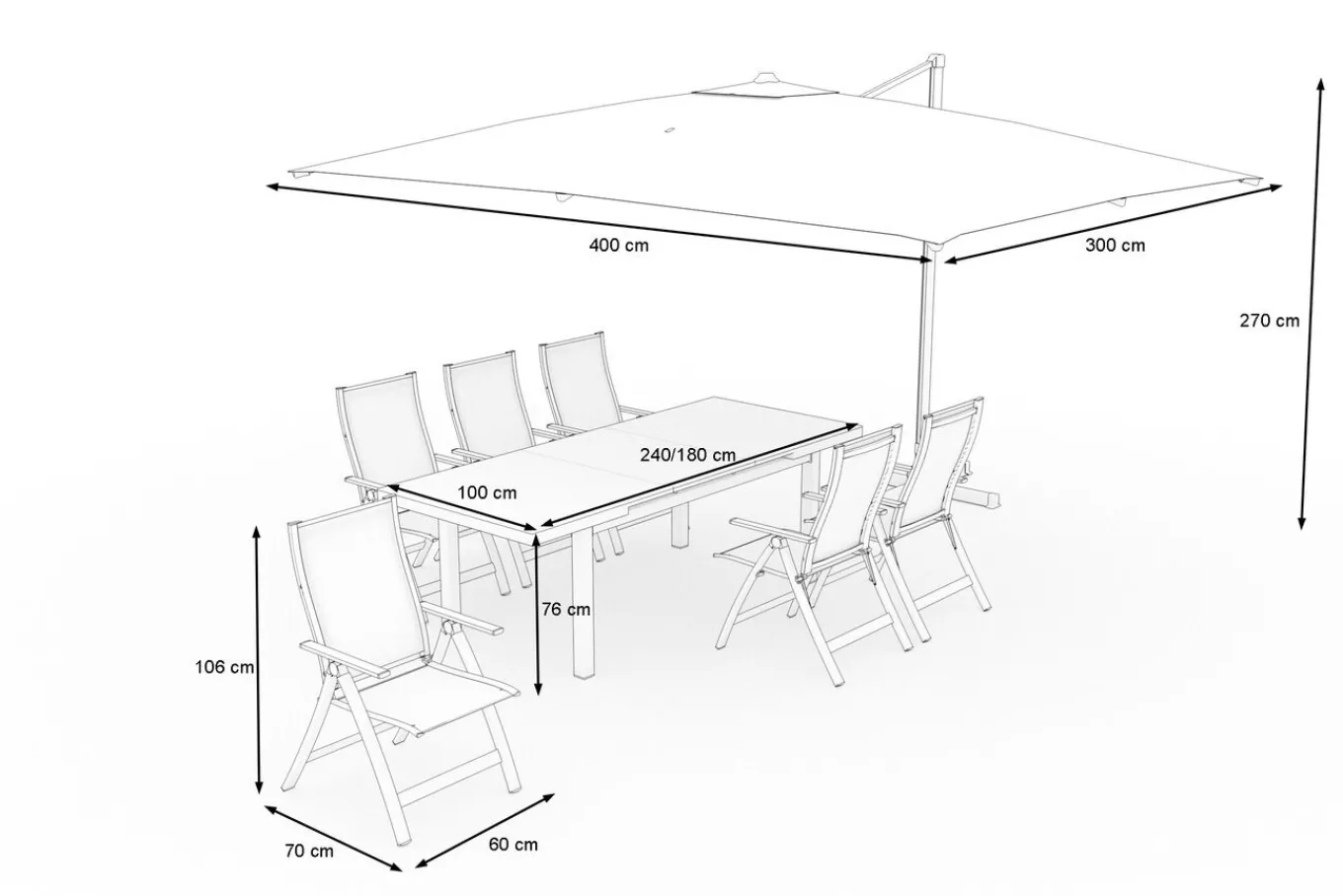 Outlet Almeria Gartenmöbel-Set Essgruppe inkl. Ampelschirm, anthrazit matt/grau, Alu/Edelstahl/Glas, 180/240 x 100 cm, ausziehbar, klappbar, UV-beständig Garten-Essgruppen|Aluminium-Gartenmöbel