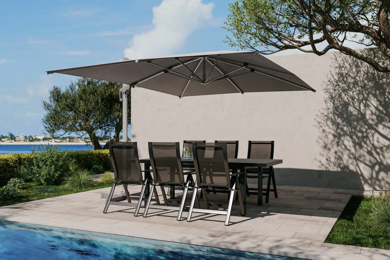 Outlet Almeria Gartenmöbel-Set Essgruppe inkl. Ampelschirm, anthrazit matt/grau, Alu/Edelstahl/Glas, 180/240 x 100 cm, ausziehbar, klappbar, UV-beständig Garten-Essgruppen|Aluminium-Gartenmöbel